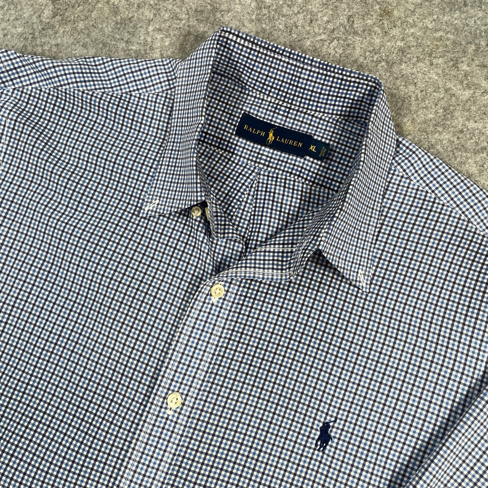 Ralph Lauren Mens Button Front Shirt XL Blue Gingham Check Long Sleeve Cotton